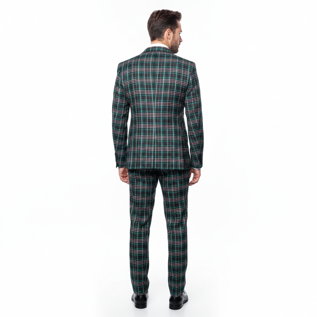 Men’s Green Tartan Plaid 3-Piece Suit Set – Premium Regular Fit Formal Check Pattern Wedding & Holiday Event Suit By Rossiman RM2311