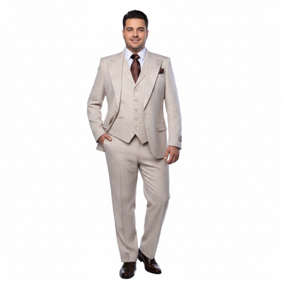 Men’s Cream Beige Windowpane 3-Piece Suit Set – Premium Tailored Fit Formal Wedding & Event Plaid Suit Light Cream Sand Color By Rossiman RM2314