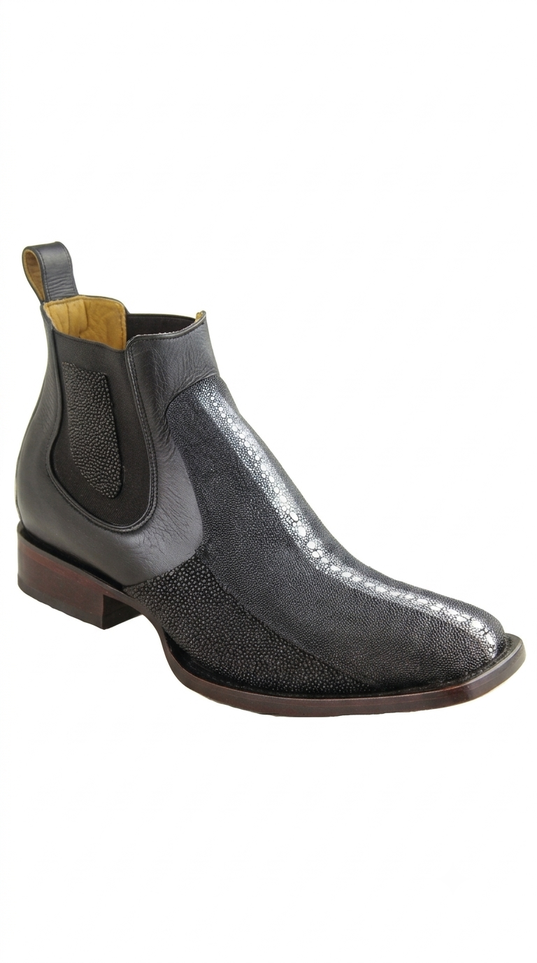 Men's Genuine Stingray Skin Row Stone Wide Square Toe Ankle Boots Black Color - Los Altos Boots