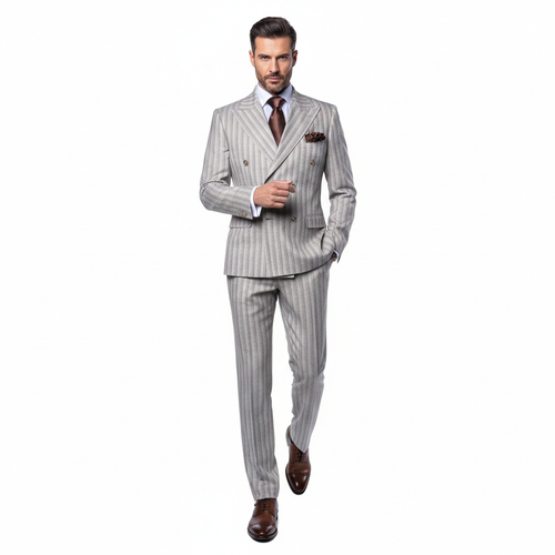 Men’s Brown Pinstripe Double-Breasted 2-Piece Suit – Slim Fit Premium Fabric Formal Business & Wedding Outfit By Rossi Man RM1845