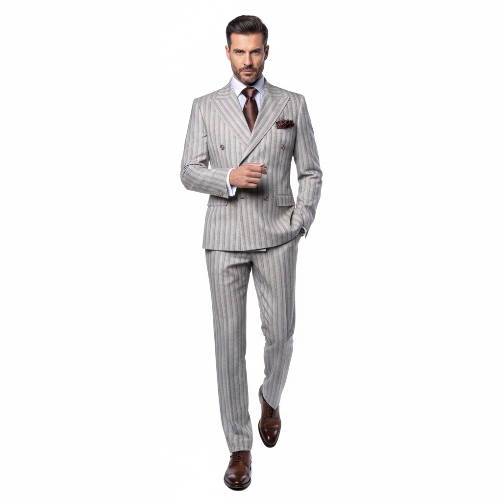 Men’s Brown Pinstripe Double-Breasted 2-Piece Suit – Slim Fit Premium Fabric Formal Business & Wedding Outfit By Rossi Man RM1845 – SuitUSA