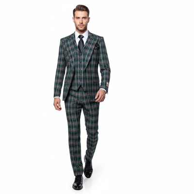 Men’s Green Tartan Plaid 3-Piece Suit Set – Premium Regular Fit Formal Check Pattern Wedding & Holiday Event Suit By Rossiman RM2311