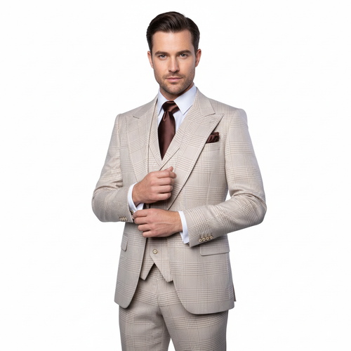 Men’s Cream Beige Windowpane 3-Piece Suit Set – Premium Tailored Fit Formal Wedding & Event Plaid Suit Light Cream Sand Color By Rossiman RM2314