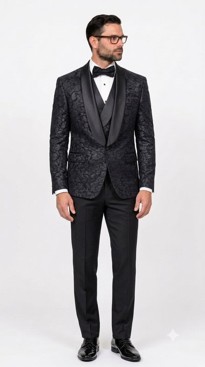 3-Piece Black Lace Tuxedo with Satin Shawl Lapel & Satin Trim
