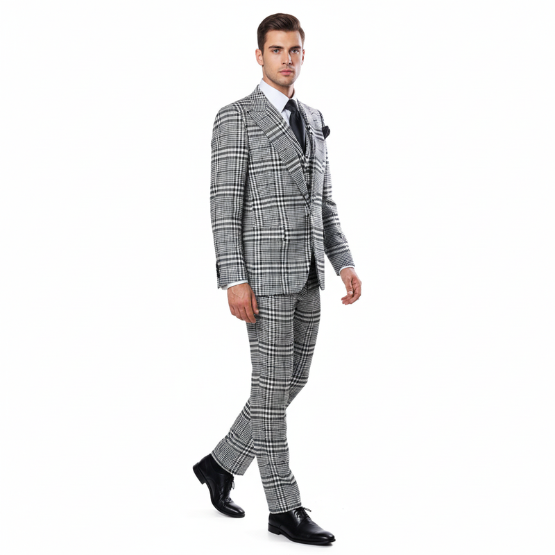 Men’s Black & White Plaid 3-Piece Suit Set – Premium Slim Tailored Fit Formal Wedding, Party & Business Suit by Rossiman RM2310