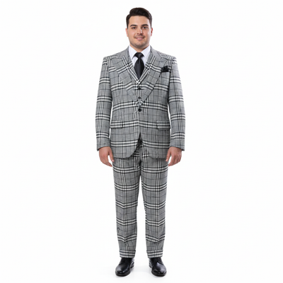 Men’s Black & White Plaid 3-Piece Suit Set – Premium Slim Tailored Fit Formal Wedding, Party & Business Suit by Rossiman RM2310