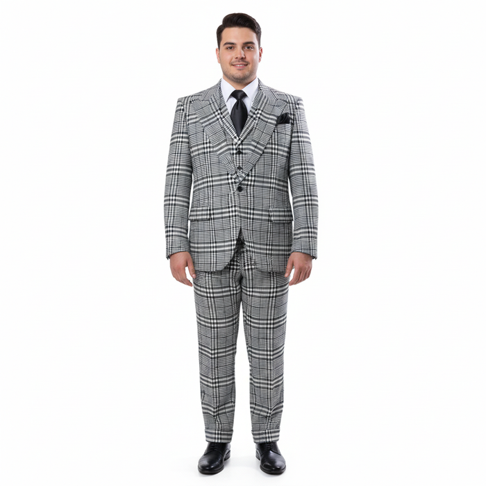 Men’s Black & White Plaid 3-Piece Suit Set – Premium Slim Tailored Fit Formal Wedding, Party & Business Suit by Rossiman RM2310