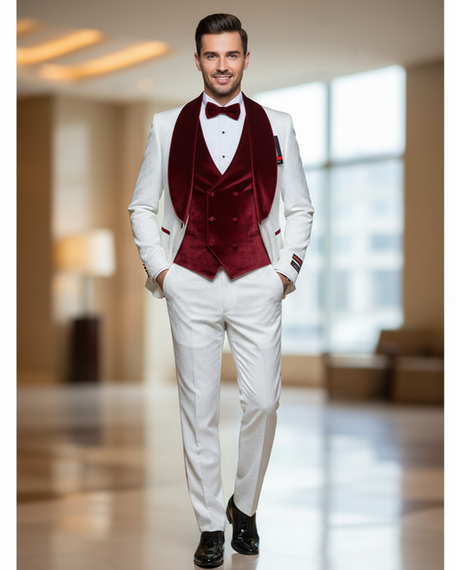 White with Burgundy Velvet Lapel 3-Piece Tailored-Fit Tuxedo