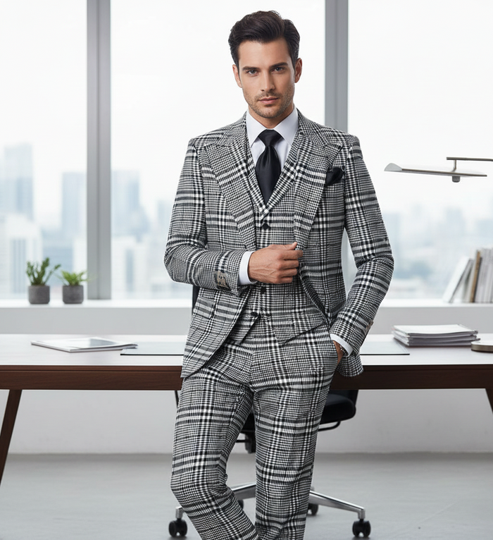 Men’s Black & White Plaid 3-Piece Suit Set – Premium Slim Tailored Fit Formal Wedding, Party & Business Suit by Rossiman RM2310