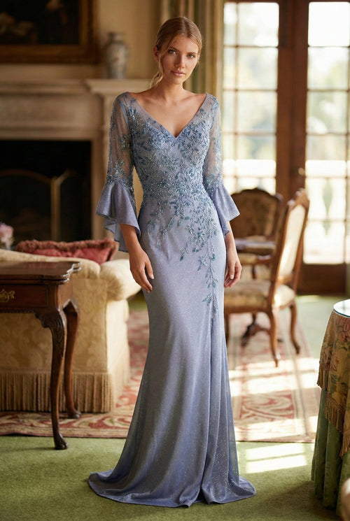 Nox Anabel MD129 Elegant Mother of Bride Dress Appliqué Bell Sleeve Slit Evening Gown