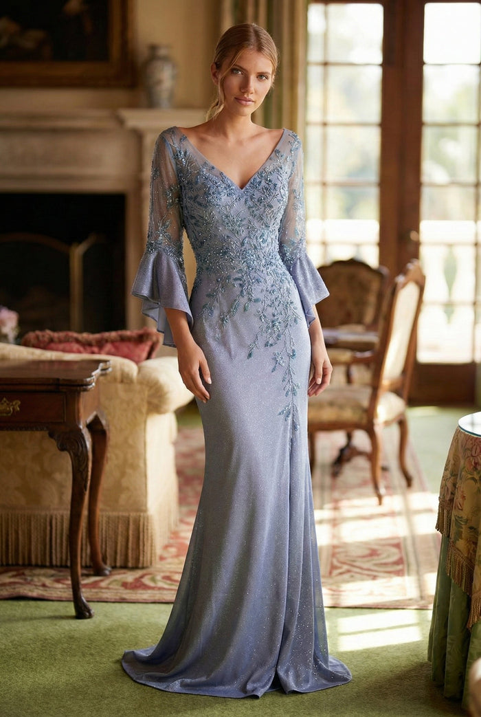 Nox Anabel MD129 Elegant Mother of Bride Dress Appliqué Bell Sleeve Slit Evening Gown