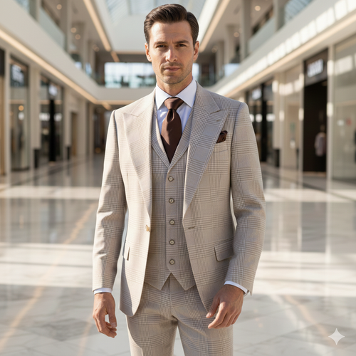 Men’s Cream Beige Windowpane 3-Piece Suit Set – Premium Tailored Fit Formal Wedding & Event Plaid Suit Light Cream Sand Color By Rossiman RM2314