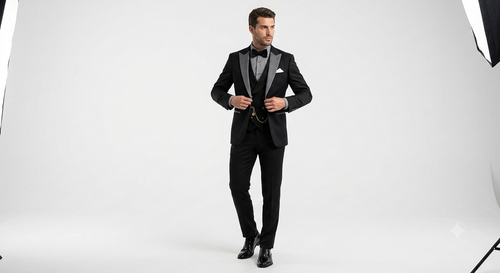 Men’s Black And White Lapel 3 Piece Tuxedo Suit with Silver Gray Satin Lapel | Formal Wedding Prom Suit Set