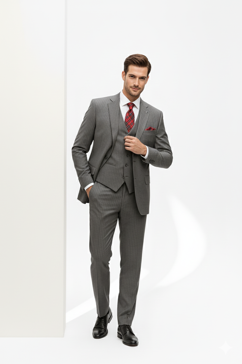 "Elevate Your Prom or Wedding Style: Vinci's Classic Pinstripe Suit with Pleated Pants in Sophisticated Gray"