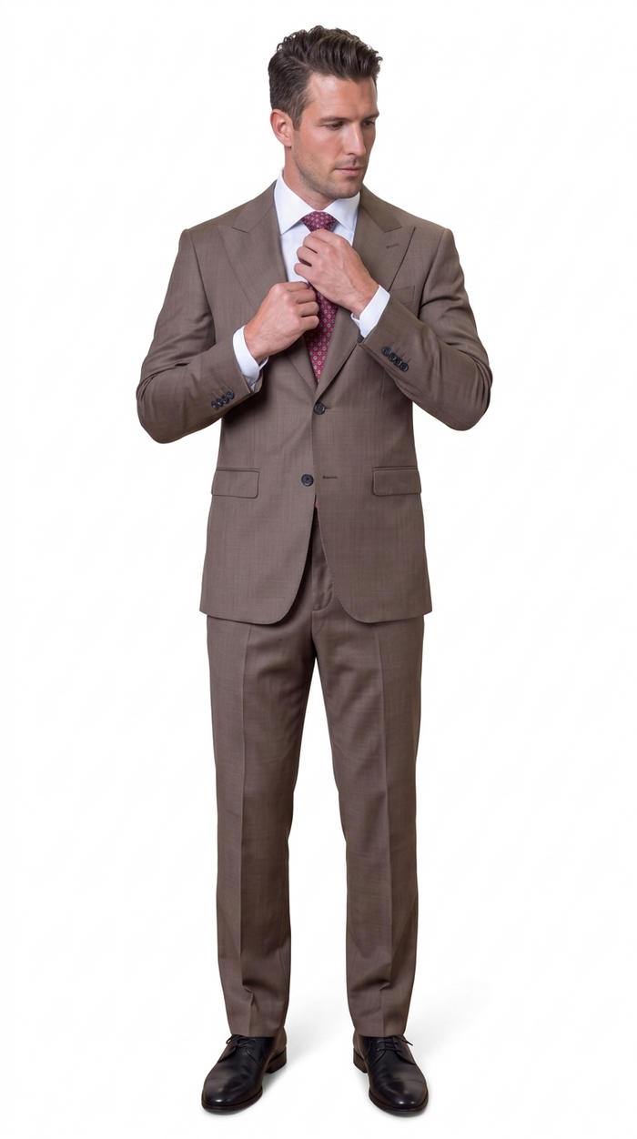 Statement Men's Modern Fit 2 Piece 100% Super 200 Wool Suit Peak Lapel in Taupe - image 3