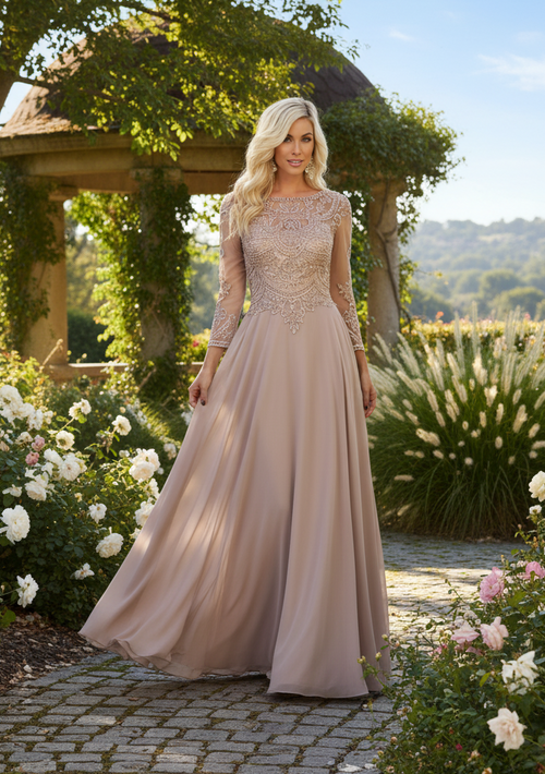 Mother of the Bride Dress 3/4 Long Sleeves Chiffon A-Line Evening Gown-New Collection