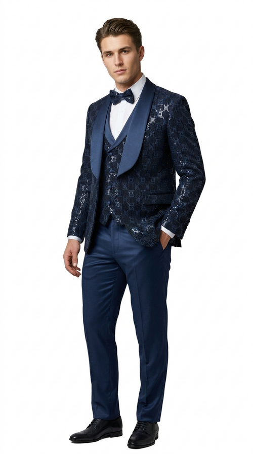 Men's Navy Blue Shiny Patterned Shawl Lapel Tuxedo Set for Wedding & Prom