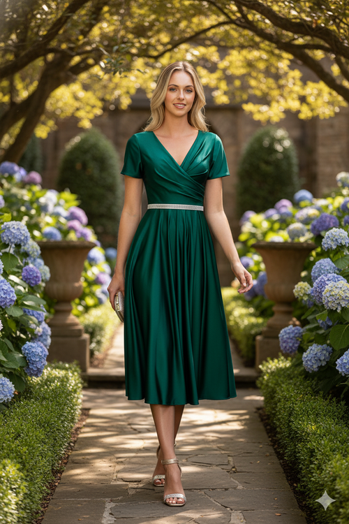 Lenovia 5274 V-Neck Short Sleeve Midi Cocktail Dress with Rhinestone Waist Formal & Wedding Guest Attire