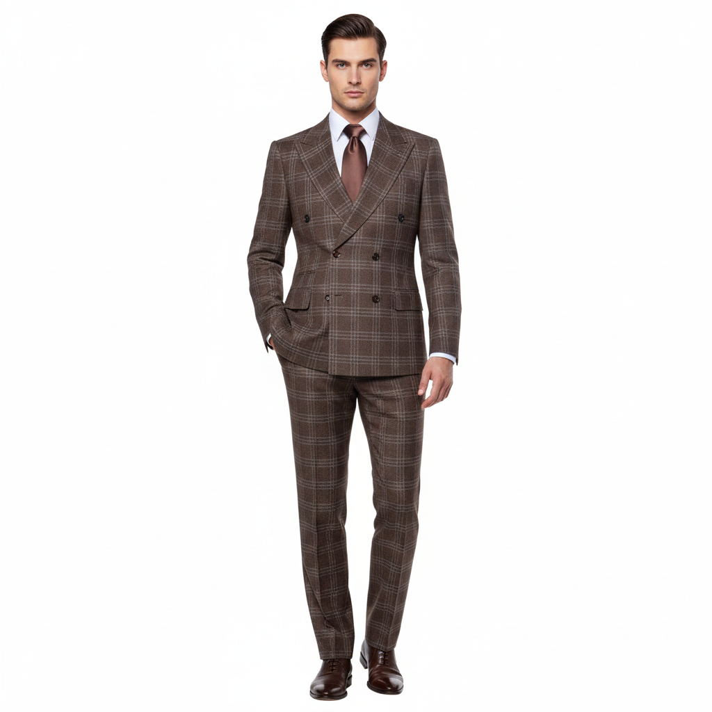 Men’s Brown Windowpane Double-Breasted 2-Piece Suit – Classic Tailored Fit Business & Formal Check Suit By Rossiman RM1798