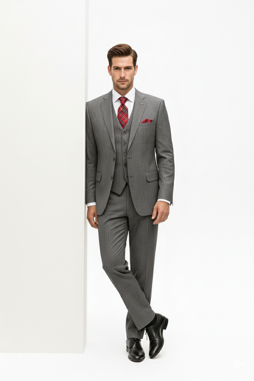 "Elevate Your Prom or Wedding Style: Vinci's Classic Pinstripe Suit with Pleated Pants in Sophisticated Gray"