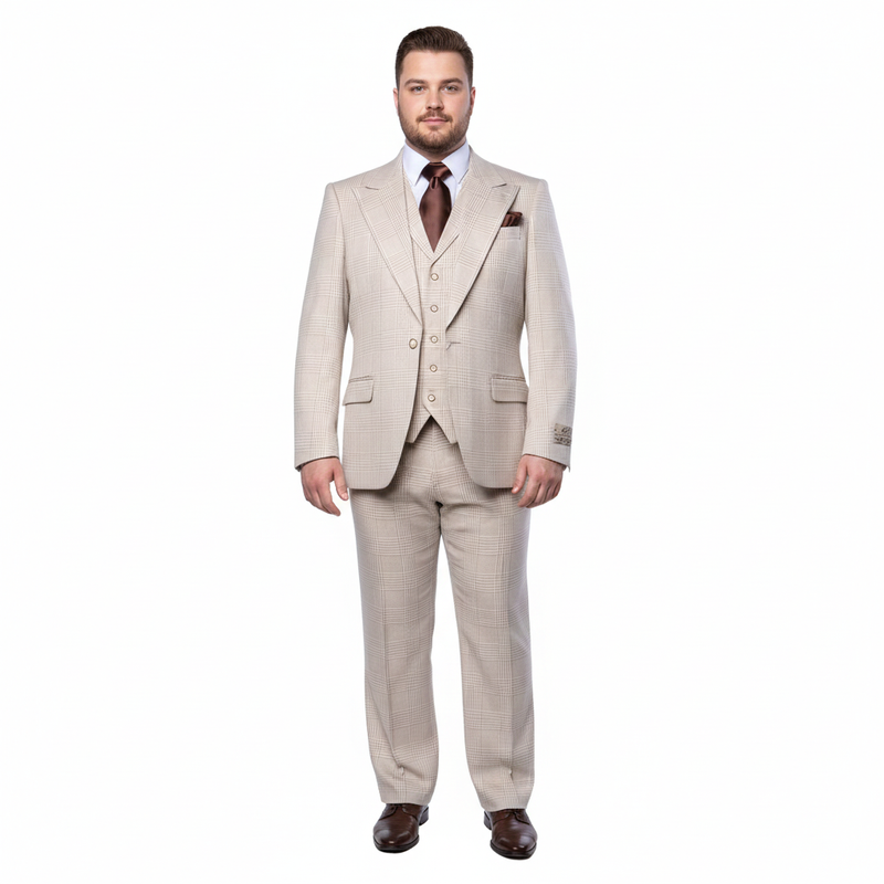 Men’s Cream Beige Windowpane 3-Piece Suit Set – Premium Tailored Fit Formal Wedding & Event Plaid Suit Light Cream Sand Color By Rossiman RM2314