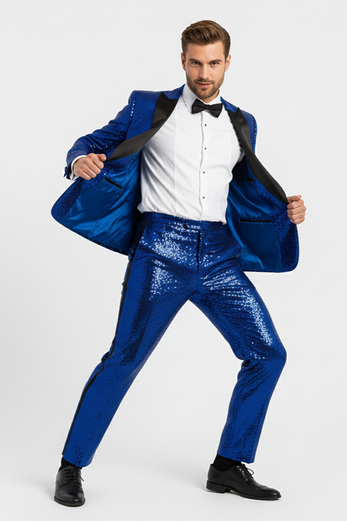 Sequin Suit - Shiny Suit - Royal Blue Suit - Metallic Fabric suit - Stage Tuxedo - Groom Suit Jacket + Pants