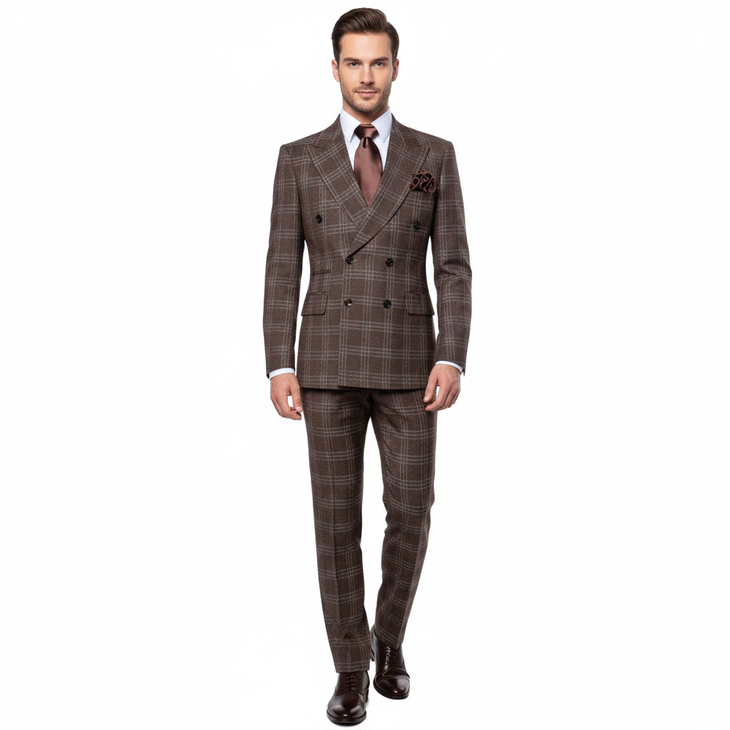 Men’s Brown Windowpane Double-Breasted 2-Piece Suit – Classic Tailored Fit Business & Formal Check Suit By Rossiman RM1798