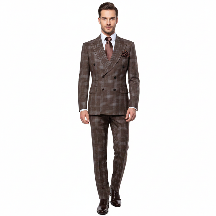 Men’s Brown Windowpane Double-Breasted 2-Piece Suit – Classic Tailored Fit Business & Formal Check Suit By Rossiman RM1798