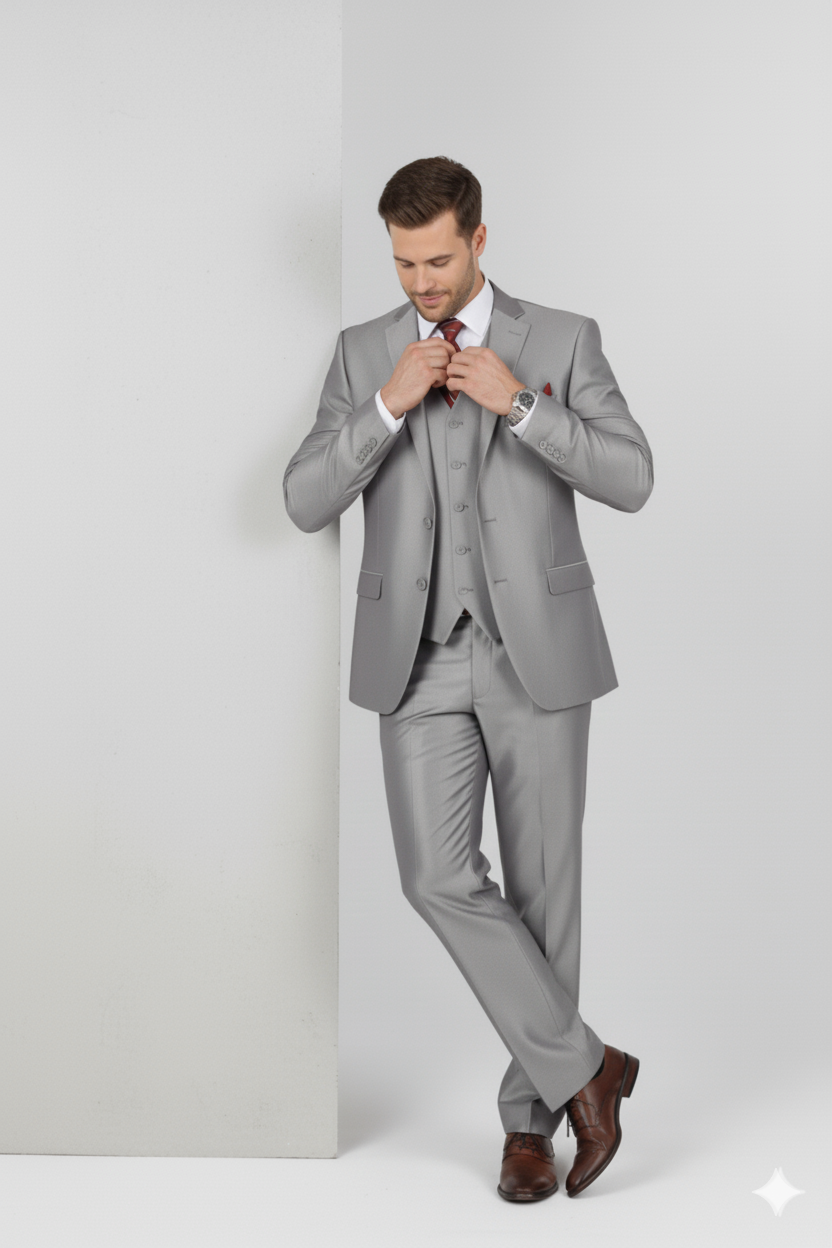 Mens Classic Vested Shiny Sharkskin Suit in Grey