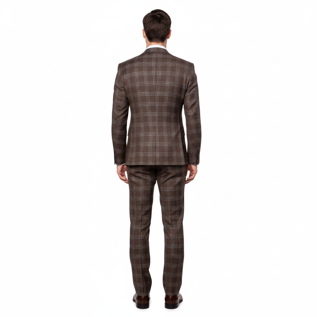 Men’s Brown Windowpane Double-Breasted 2-Piece Suit – Classic Tailored Fit Business & Formal Check Suit By Rossiman RM1798