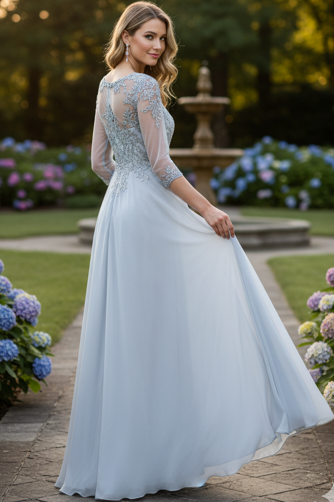 Embroidered 3/4 Sleeve Mother Of The Bride Dress Modest Evening Gown