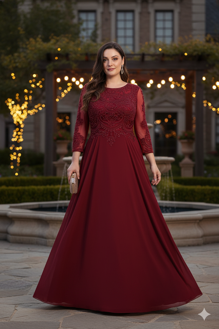 Mother of the Bride Dress 3/4 Long Sleeves Chiffon A-Line Evening Gown-New Collection