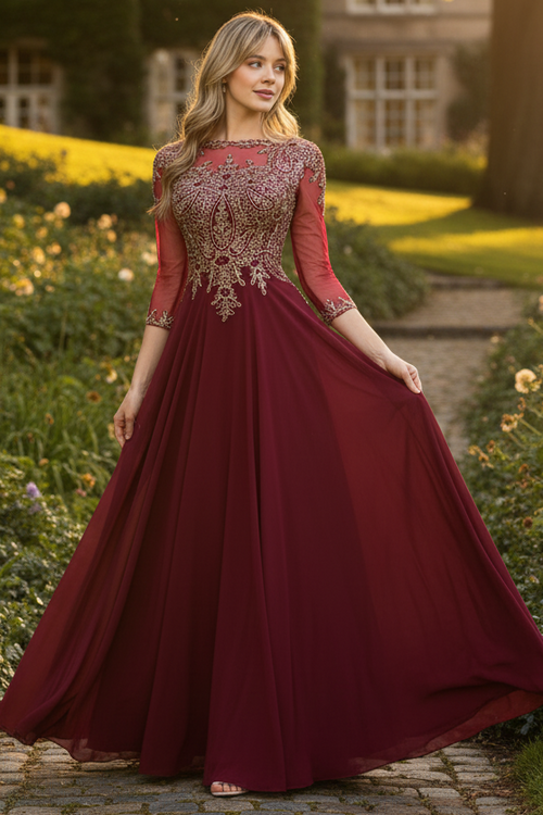 Embroidered 3/4 Sleeve Mother Of The Bride Dress Modest Evening Gown