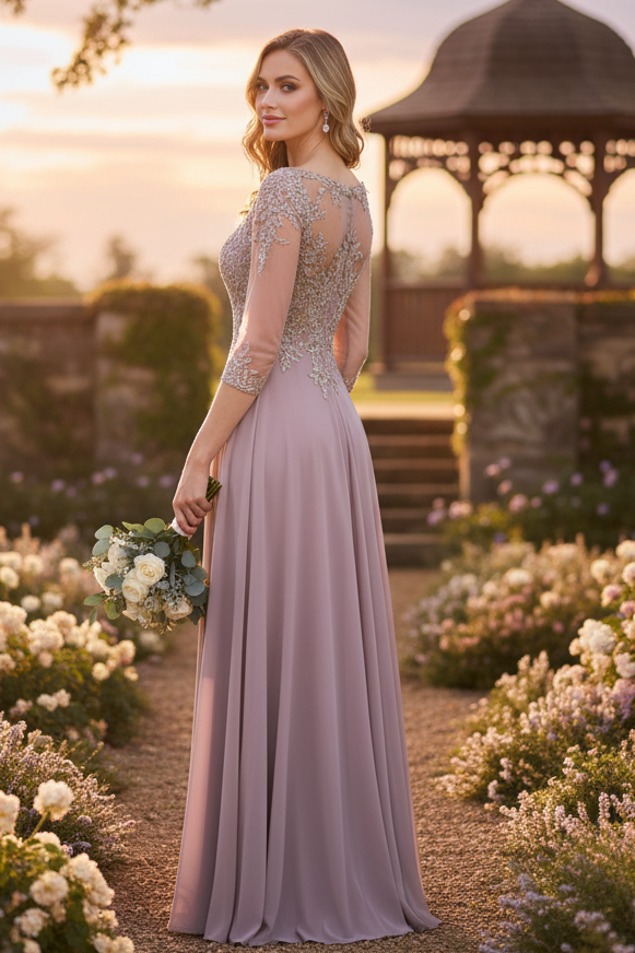 Embroidered 3/4 Sleeve Mother Of The Bride Dress Modest Evening Gown