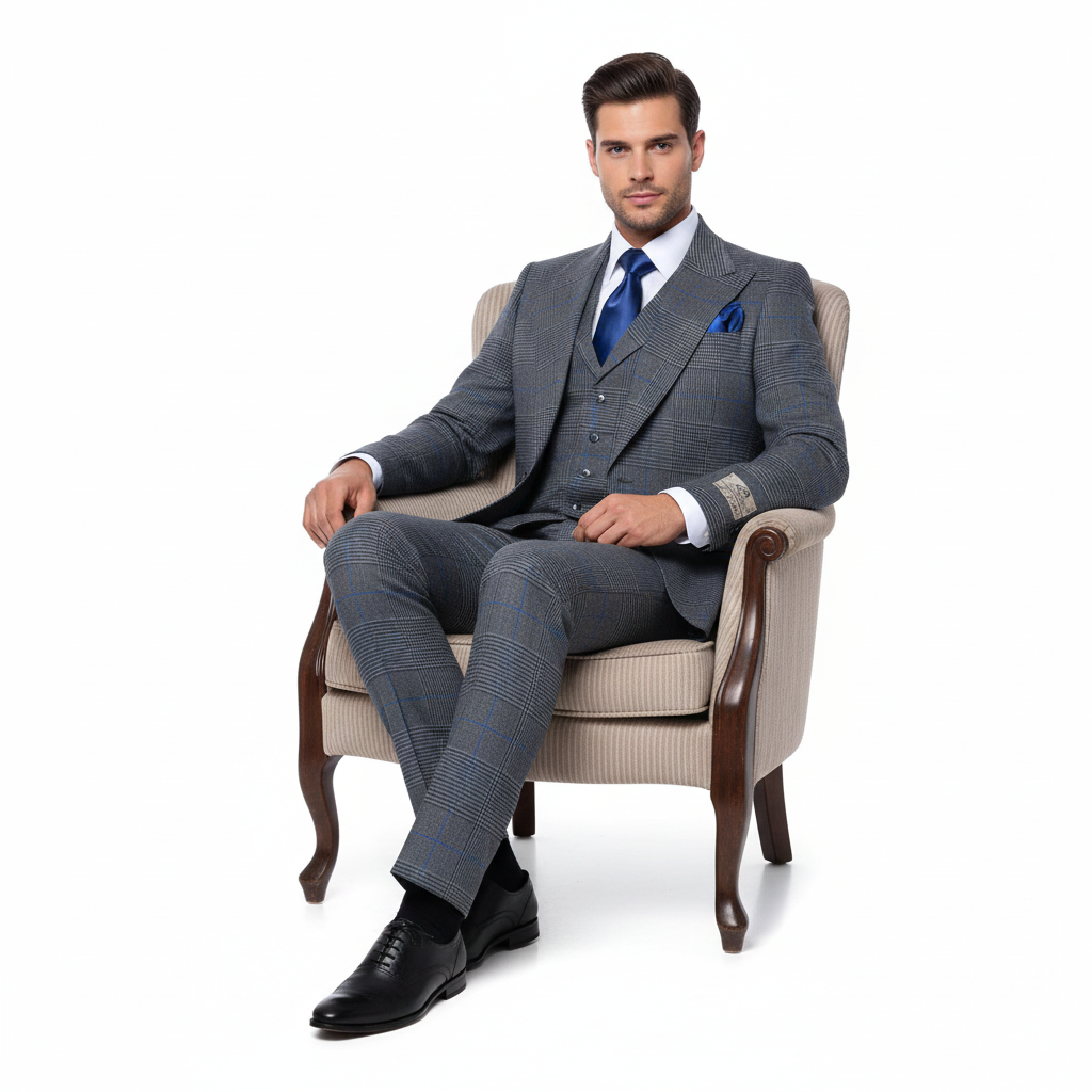 Men’s Grey Super 150’s Wool 3-Piece Suit – Elite Contour Fit Wide-Lapel One-Button Luxury Formal Outfit By Rossi Man RM2312
