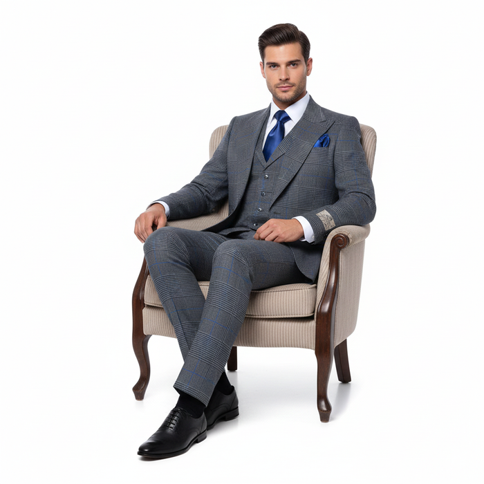Men’s Grey Super 150’s Wool 3-Piece Suit – Elite Contour Fit Wide-Lapel One-Button Luxury Formal Outfit By Rossi Man RM2315