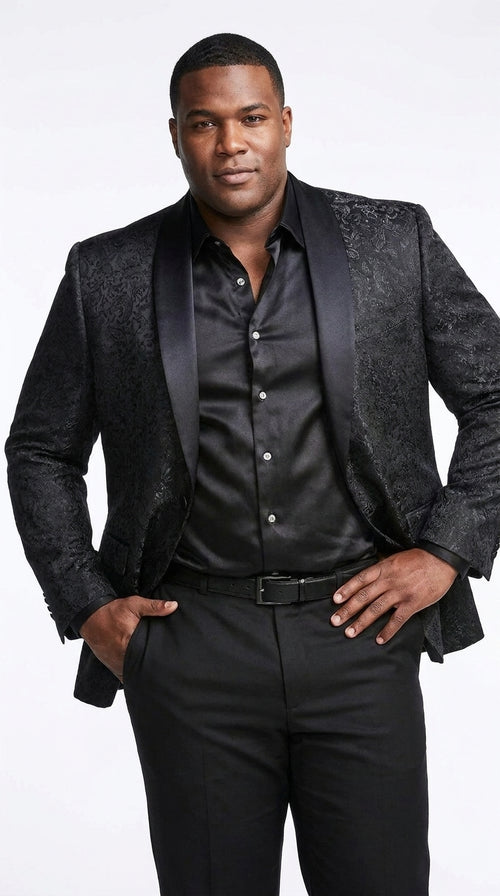 Tazzio Men’s Black Tonal Paisley Tuxedo Jacket, Slim Fit Wedding Prom Formal Dinner Blazer