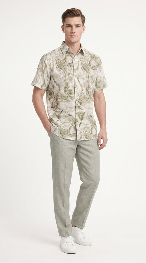 Men’s Sage Green Abstract Print Walking Suit Set, 2 Piece Short Sleeve Casual Shirt and Pants Outfit