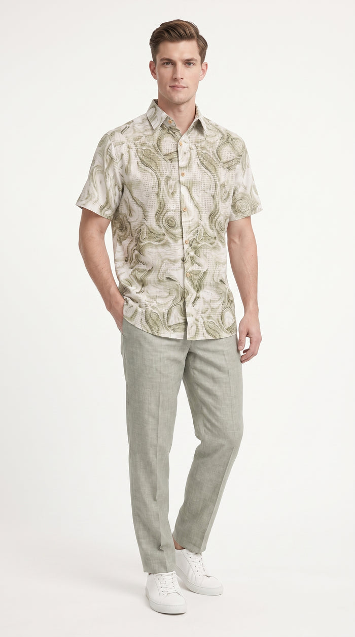 Men’s Sage Green Abstract Print Walking Suit Set, 2 Piece Short Sleeve Casual Shirt and Pants Outfit