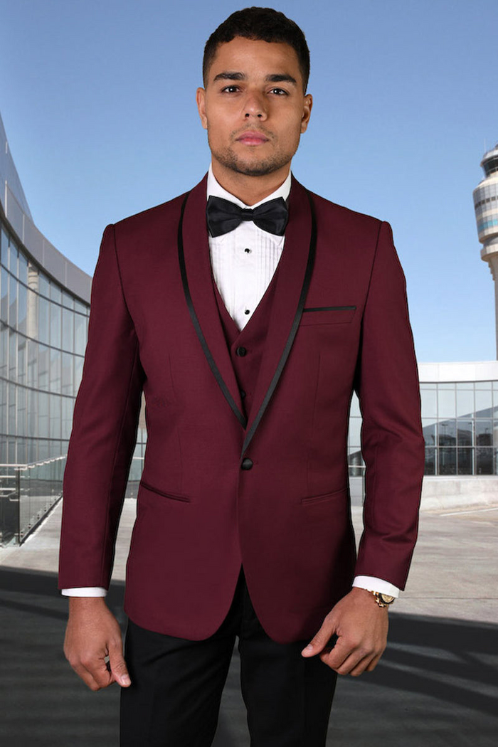 Men's Burgundy Satin Trim Shawl Tuxedo