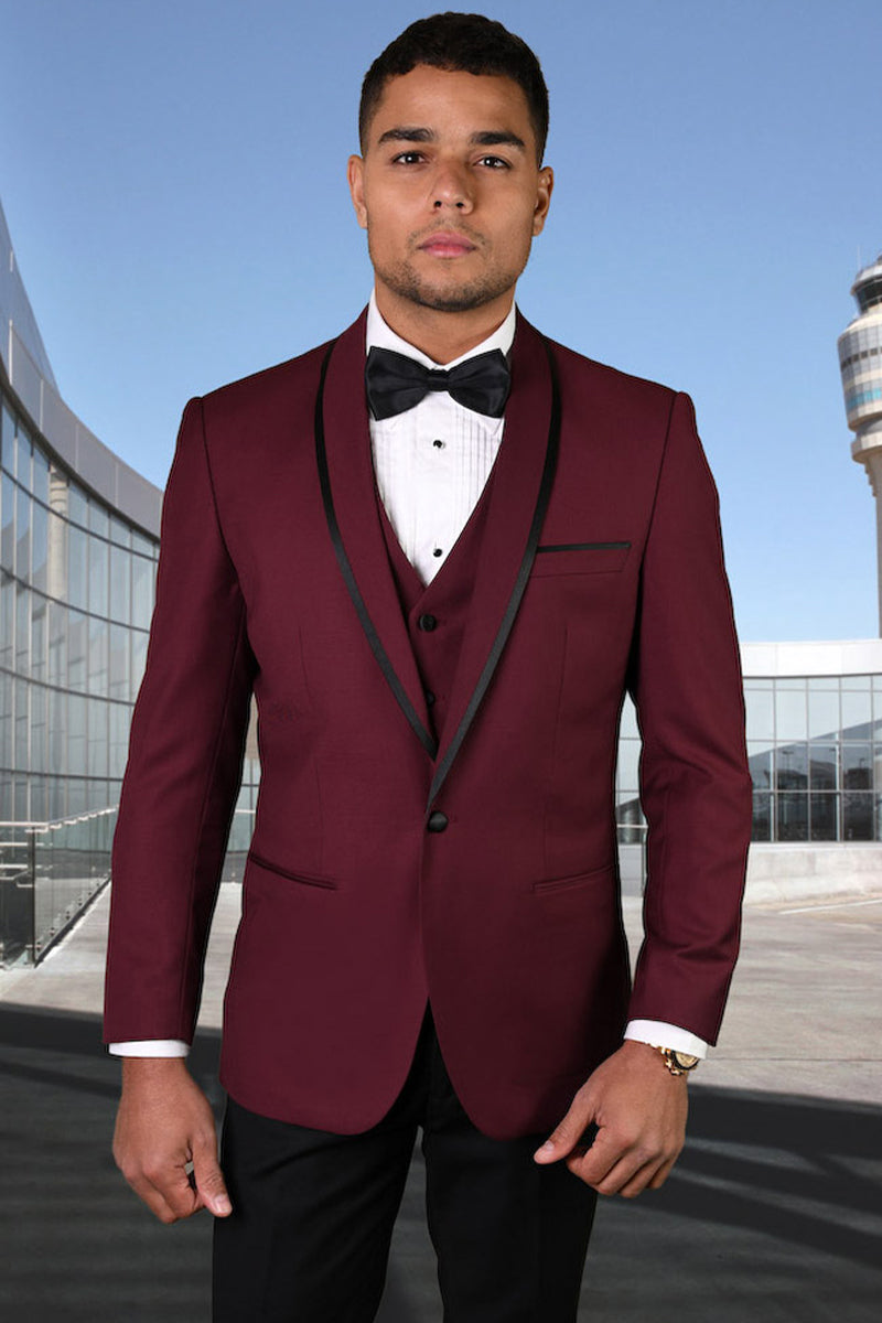 Men's Burgundy Satin Trim Shawl Tuxedo