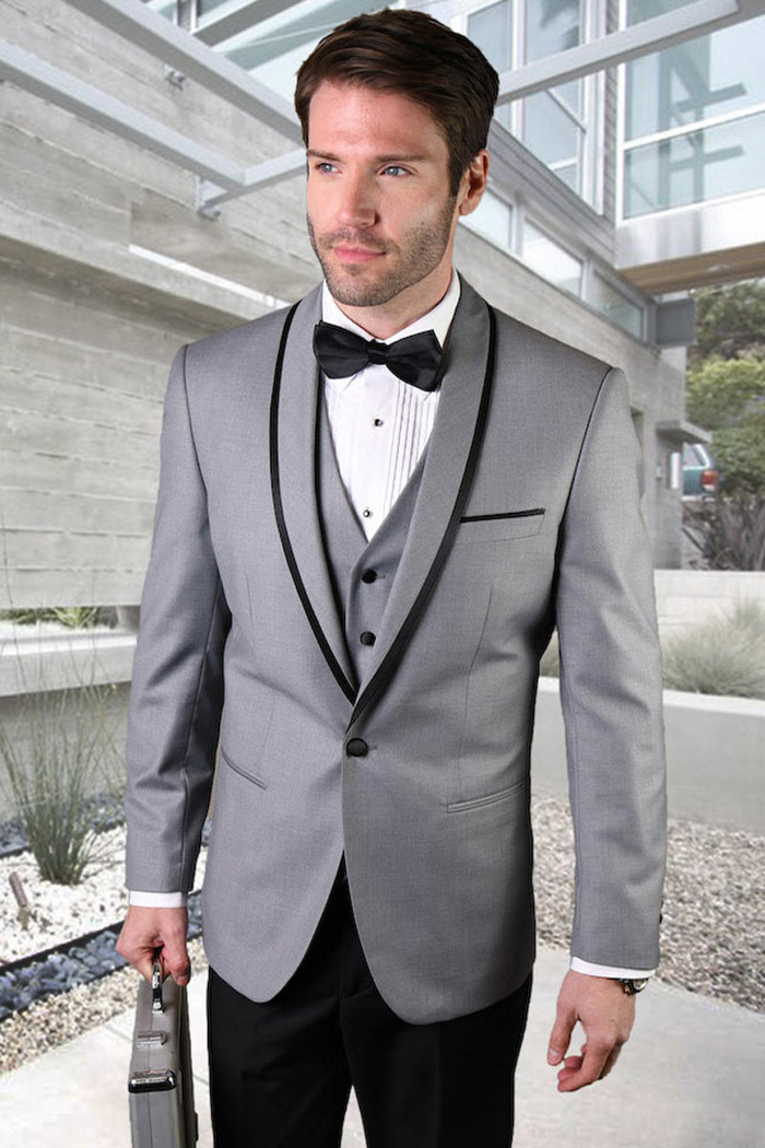 Men's Grey Satin Vested Shawl Tuxedo