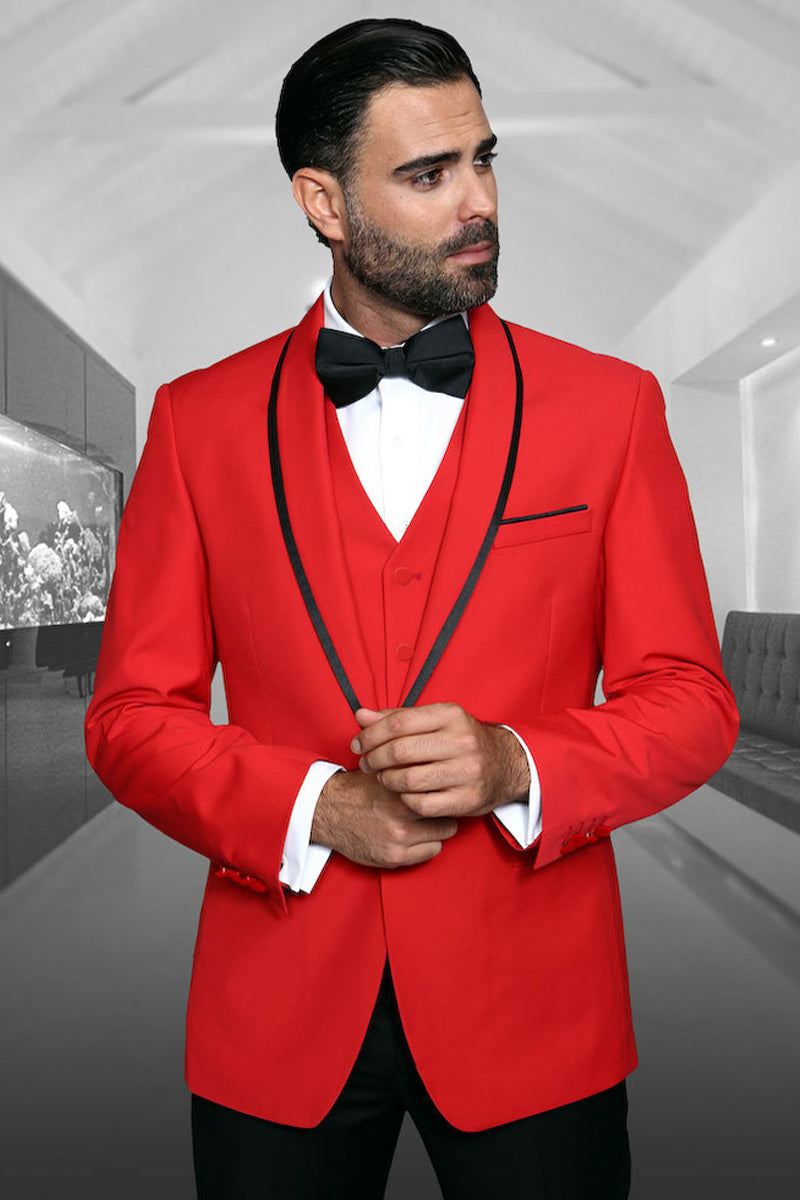 Men's Red Vested Satin Shawl Tuxedo