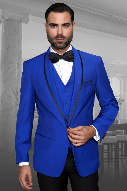 Men's Royal Blue Satin Trim Vested Shawl Tuxedo for Prom & Weddings