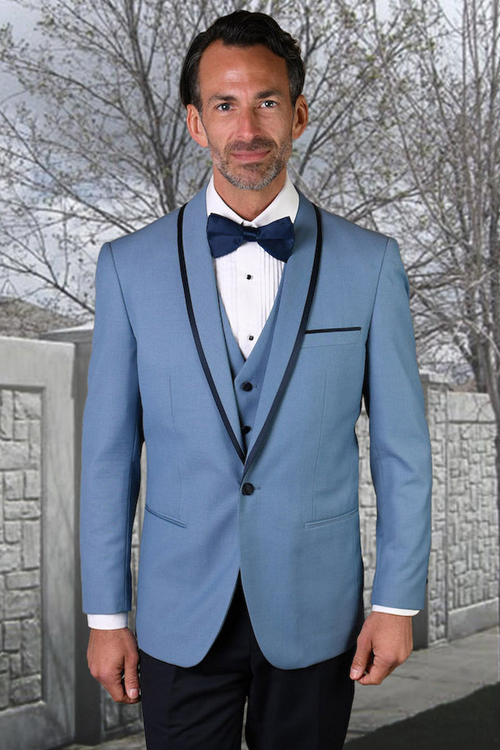 Men's Steel Blue Vested Tuxedo for Prom & Weddings
