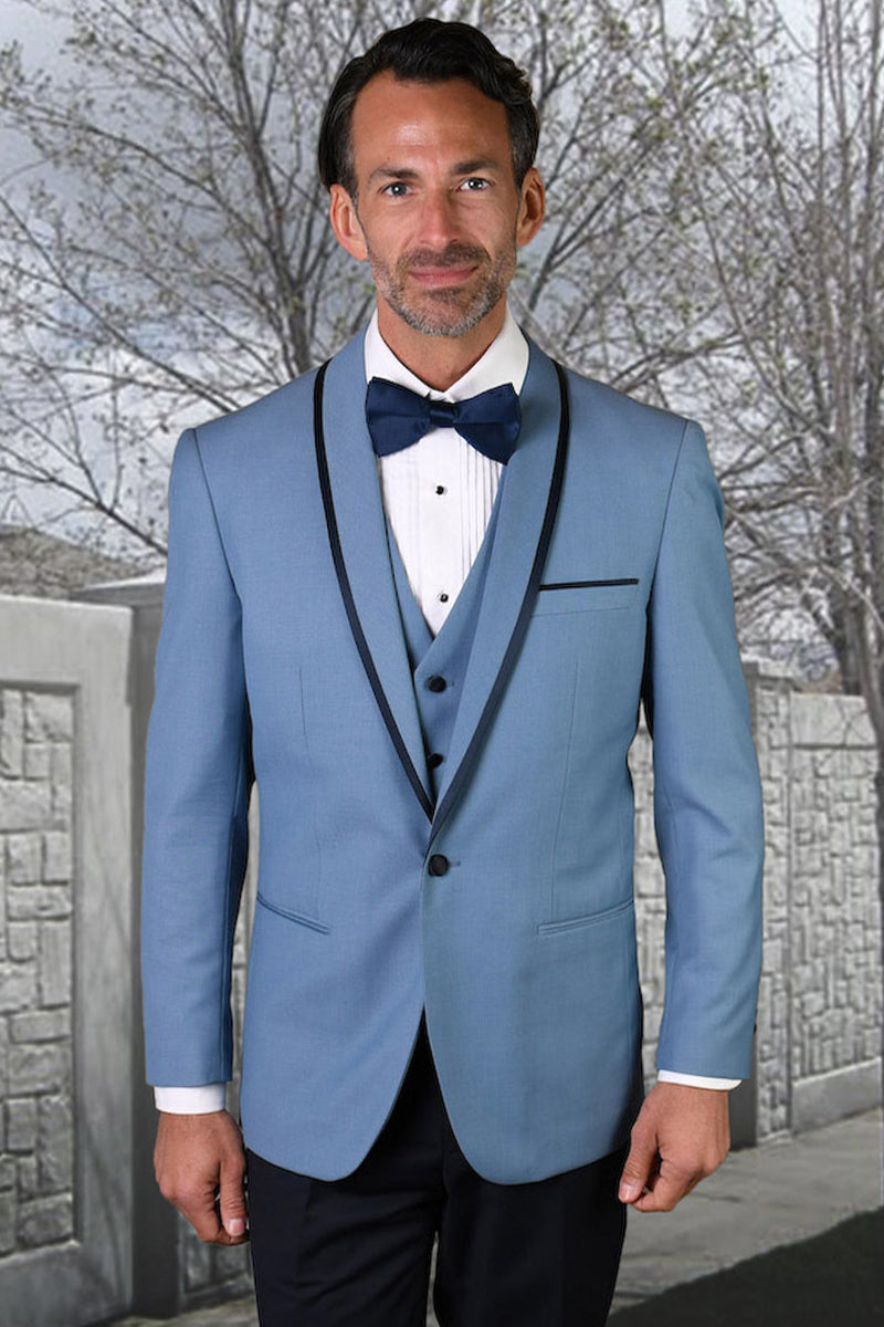 Men's Steel Blue Vested Tuxedo for Prom & Weddings