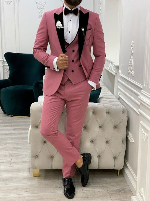Pink Slim Fit Velvet Peak Lapel Tuxedo Pink Tuxedos by Renoirin