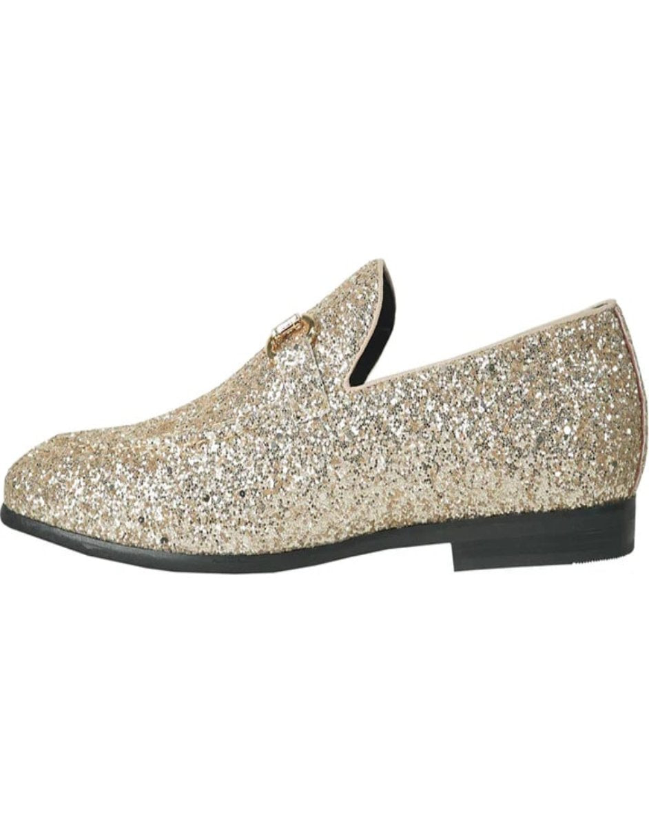 Mens Modern Glitter Sequin Buckle Loafer Prom Gold Tuxedo