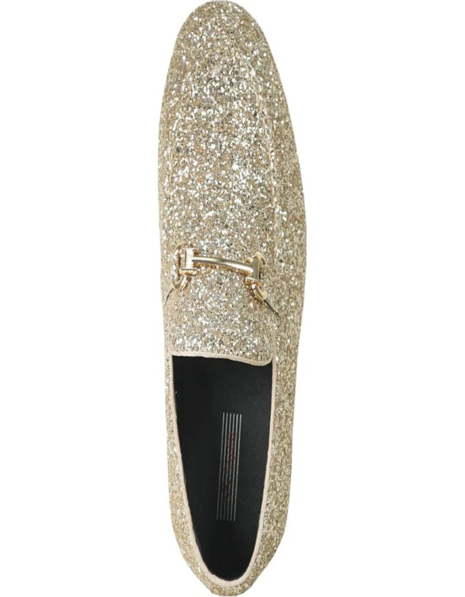 Mens Modern Glitter Sequin Buckle Loafer Prom Gold Tuxedo