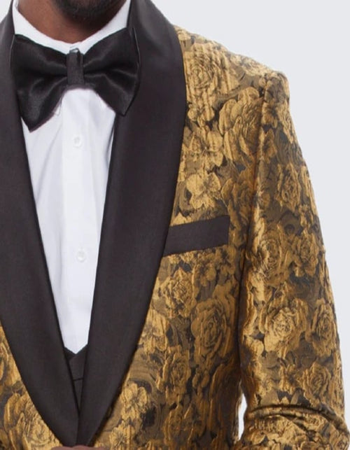 Black and Gold Prom Suit - Gold Tuxedo with Floral Design Four Piece Set - Wedding - Prom
